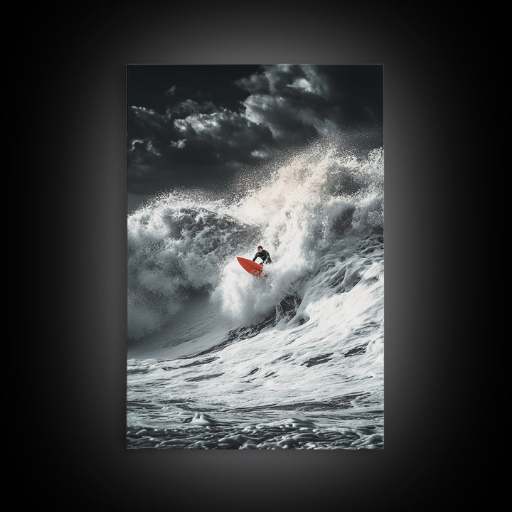 Surfer Wave, Ocean Power, Extreme Sports Art, Framed Canvas Print, Beach House Decor, Surfing Wall Art, Coastal Adventure Scene