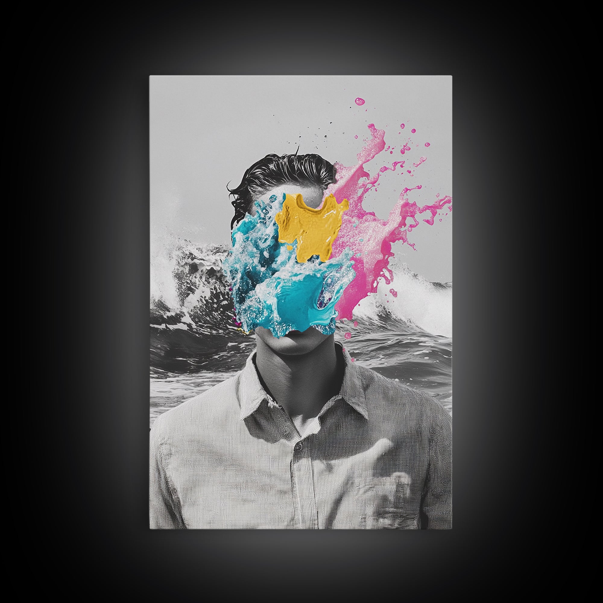 Abstract Portrait, Paint Splash Face, Surreal Ocean Art, Framed Canvas Print, Modern Living Room Art, Pop Surrealism Decor