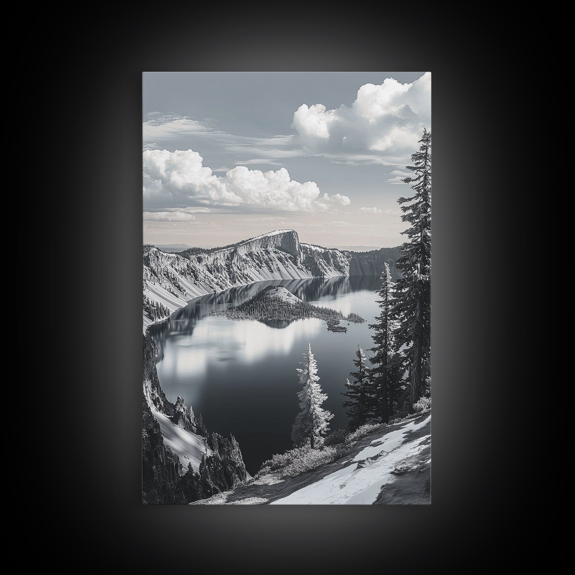 Crater Lake, Snowy Mountains, Scenic Reflection View, Framed Canvas Print, Cabin Wall Art, Winter Landscape Decor, Nature Vibes