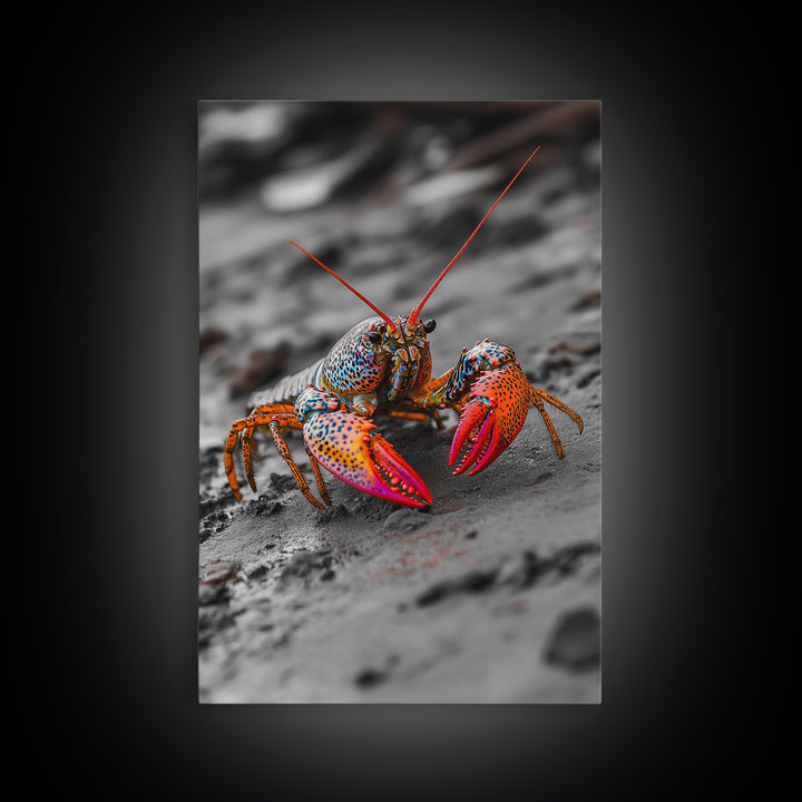 Colorful Lobster, Beach Wildlife, Close-Up Macro Art, Framed Canvas Print, Kitchen Wall Art, Coastal Marine Decor, Vibrant Style