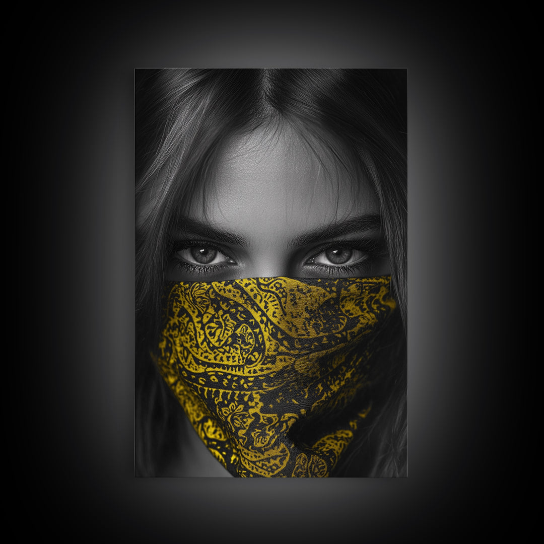 Yellow Bandana Girl, Intense Eyes, Street Portrait, Framed Canvas Print, Modern Photography, Teen Bedroom Wall Art, Bold Style