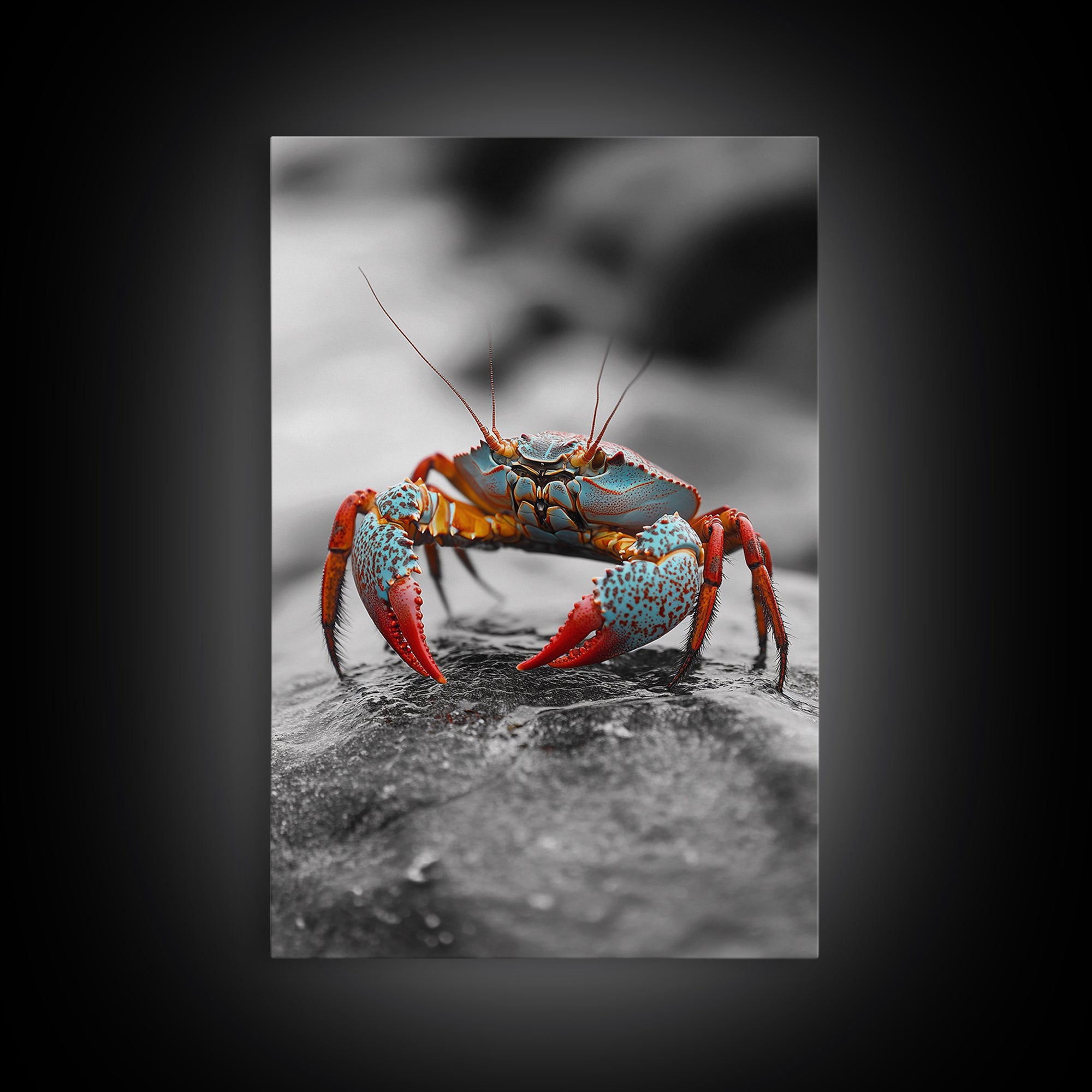 Blue Crab, Vibrant Shell, Coastal Creature Art, Framed Canvas Print, Bathroom Wall Art, Nautical Theme Decor, Ocean Wildlife Art