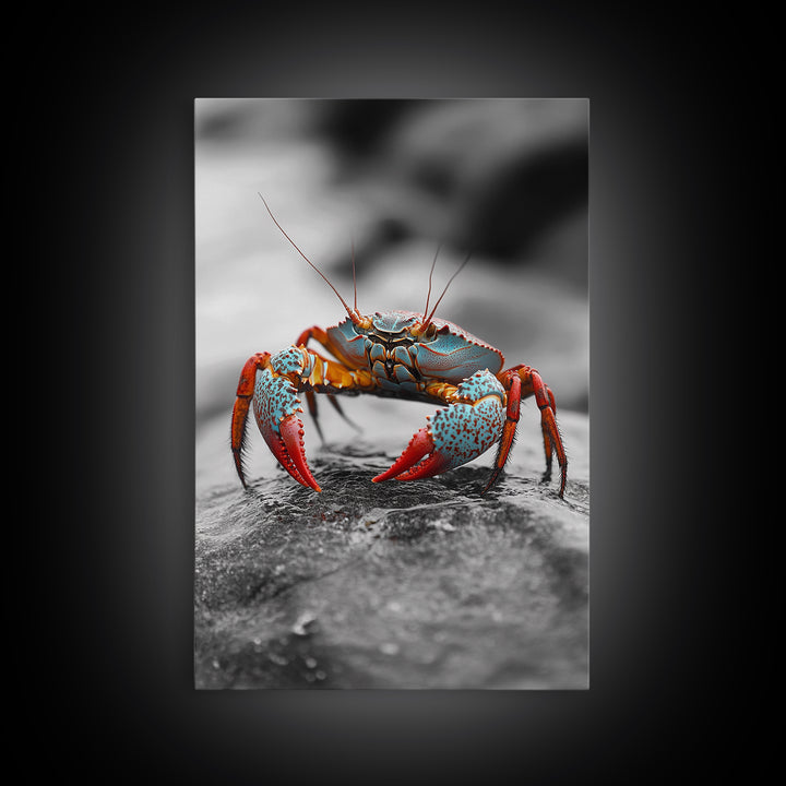 Blue Crab, Vibrant Shell, Coastal Creature Art, Framed Canvas Print, Bathroom Wall Art, Nautical Theme Decor, Ocean Wildlife Art