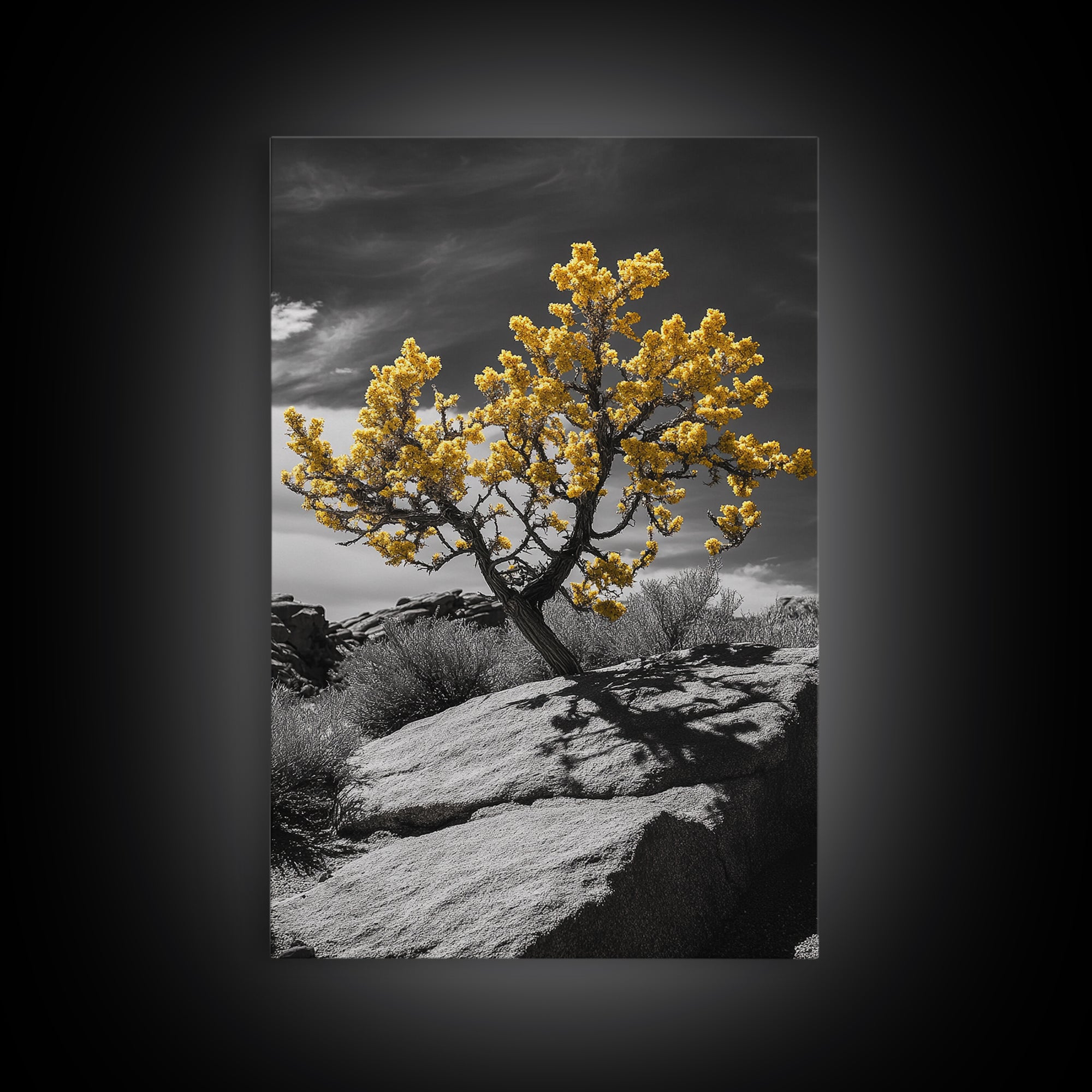 Desert Bloom, Yellow Tree, Rocky Hill, Framed Canvas Print, Southwest Wall Art, Boho Nature Decor, Minimalist Desert Landscape