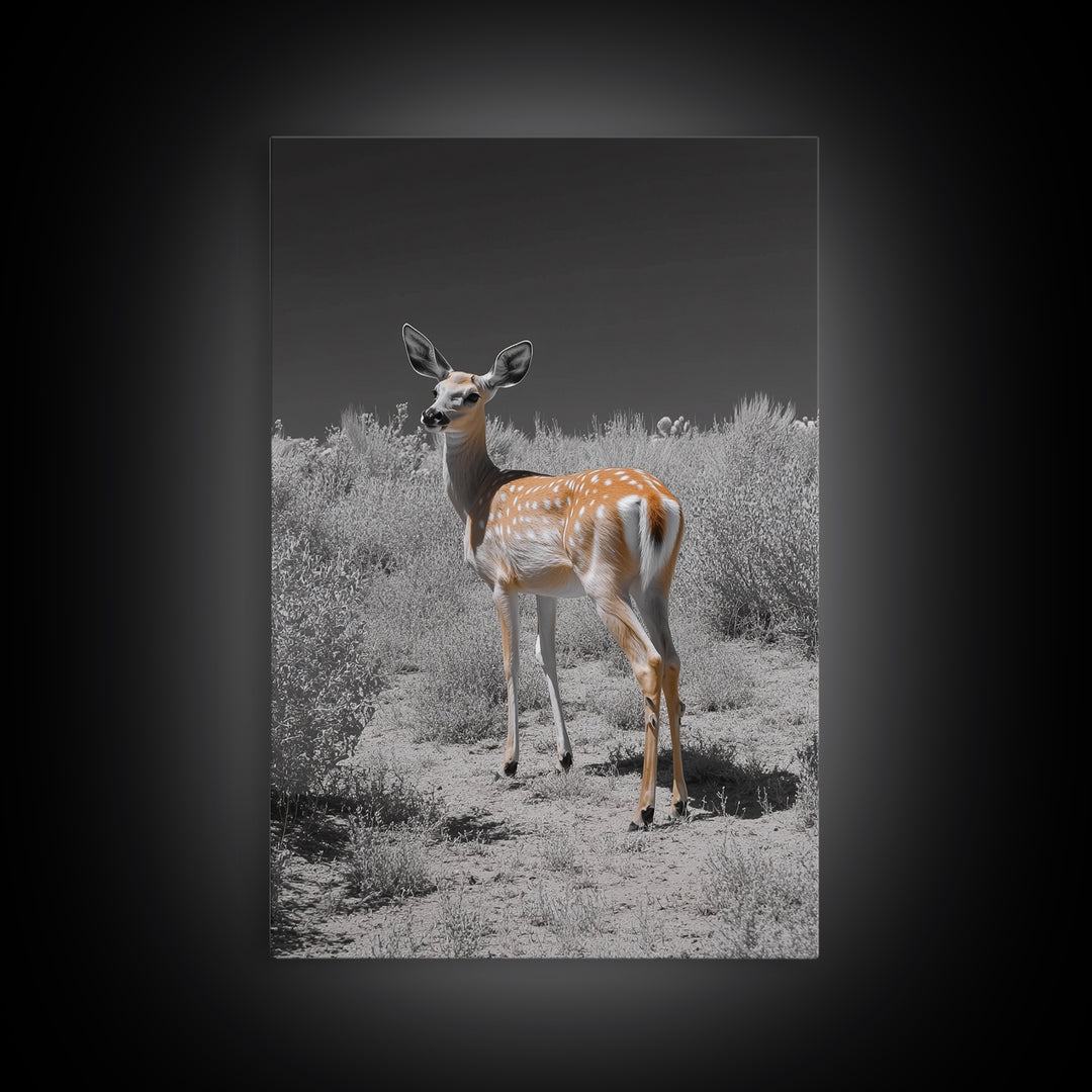 Baby Deer, Spotted Fawn, Desert Wildlife, Framed Canvas Print, Nursery Wall Art, Wildlife Nature Decor, Gentle Forest Animal Art