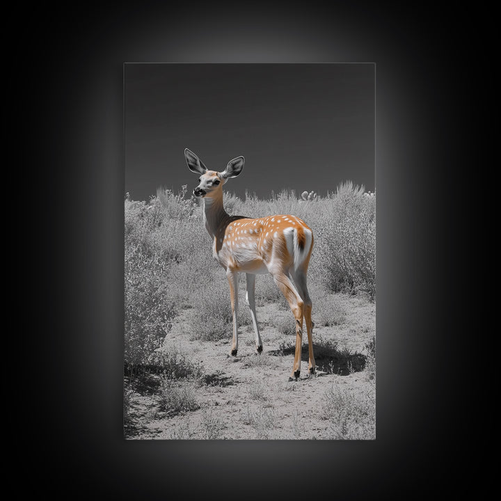 Baby Deer, Spotted Fawn, Desert Wildlife, Framed Canvas Print, Nursery Wall Art, Wildlife Nature Decor, Gentle Forest Animal Art