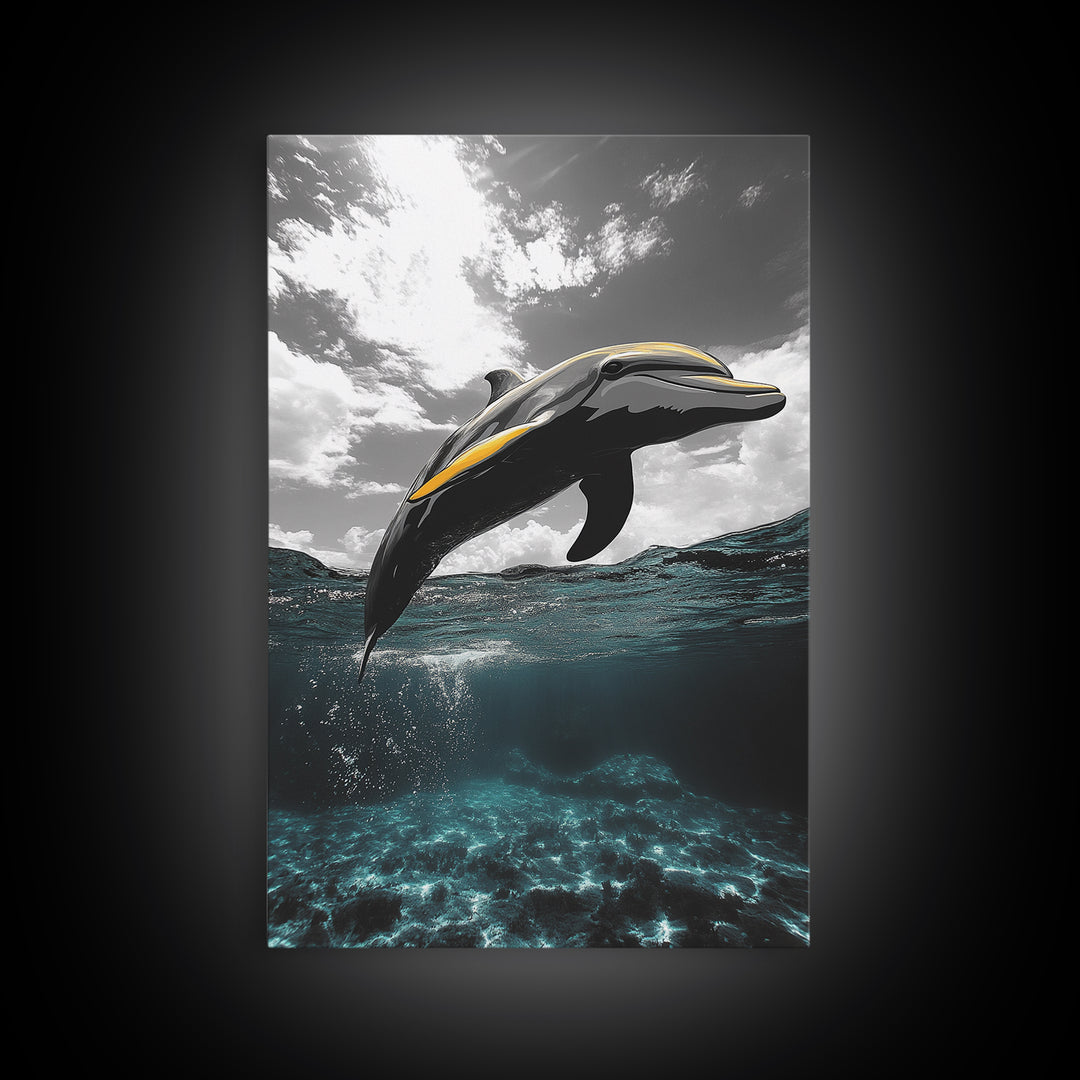 Dolphin Splash, Ocean Wildlife, Underwater Grace, Black White Sea Art, Canvas Print, Bathroom Wall Art, Coastal Decor, Marine Life Style
