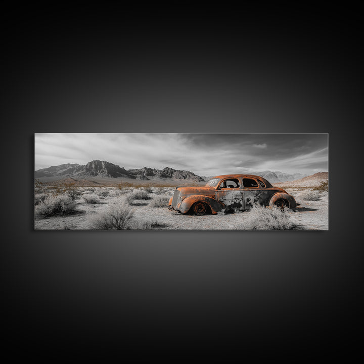 Desert Wreck, Abandoned Car, Moody Landscape, Rusty Vehicle — Framed Canvas Print, Industrial Wall Art, Garage Decor, Western Photography