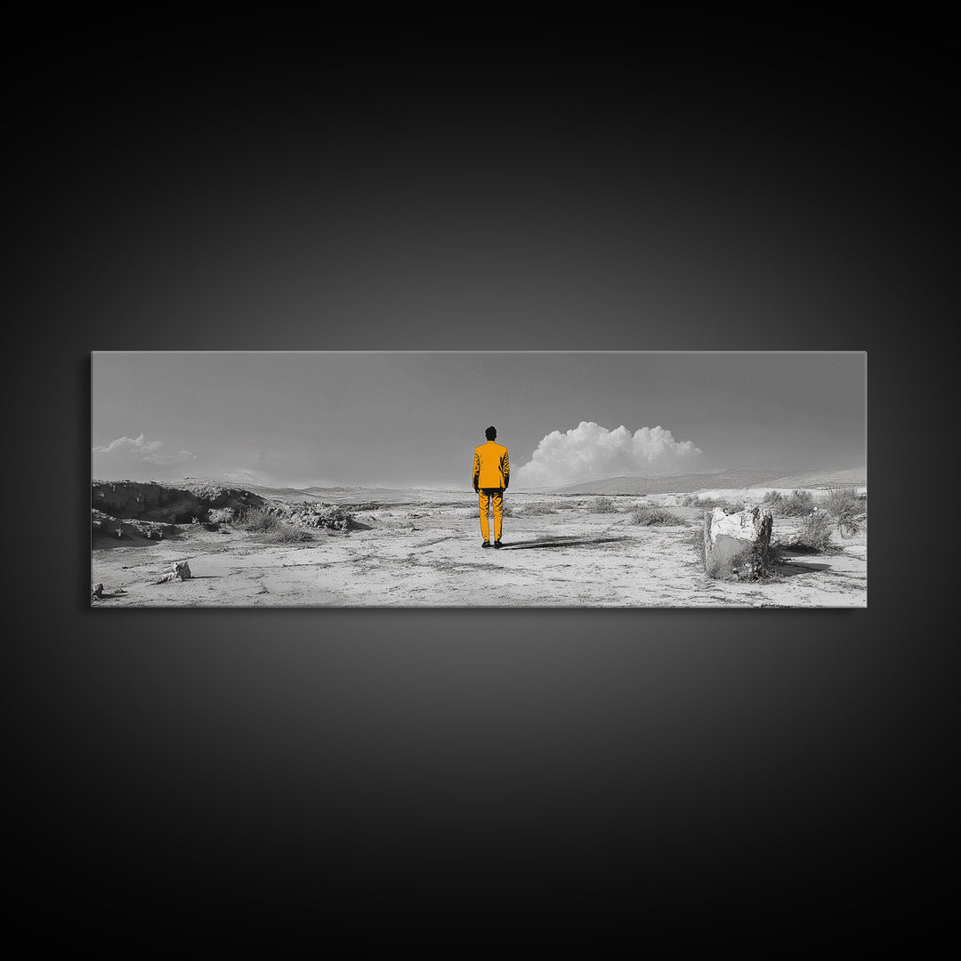 Yellow Suit, Surreal Desert, Lone Wanderer, Conceptual Art — Framed Canvas Print, Modern Art, Office Decor, Minimalist Statement Piece
