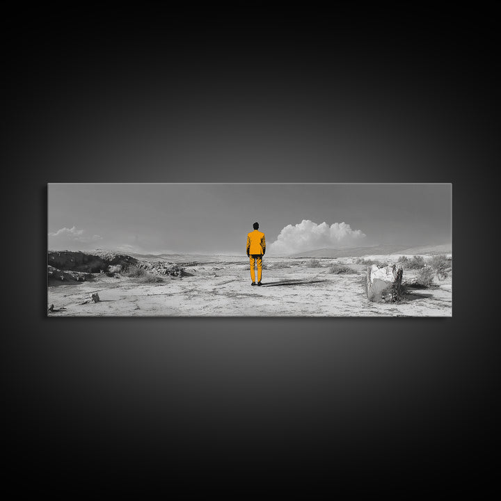 Yellow Suit, Surreal Desert, Lone Wanderer, Conceptual Art — Framed Canvas Print, Modern Art, Office Decor, Minimalist Statement Piece