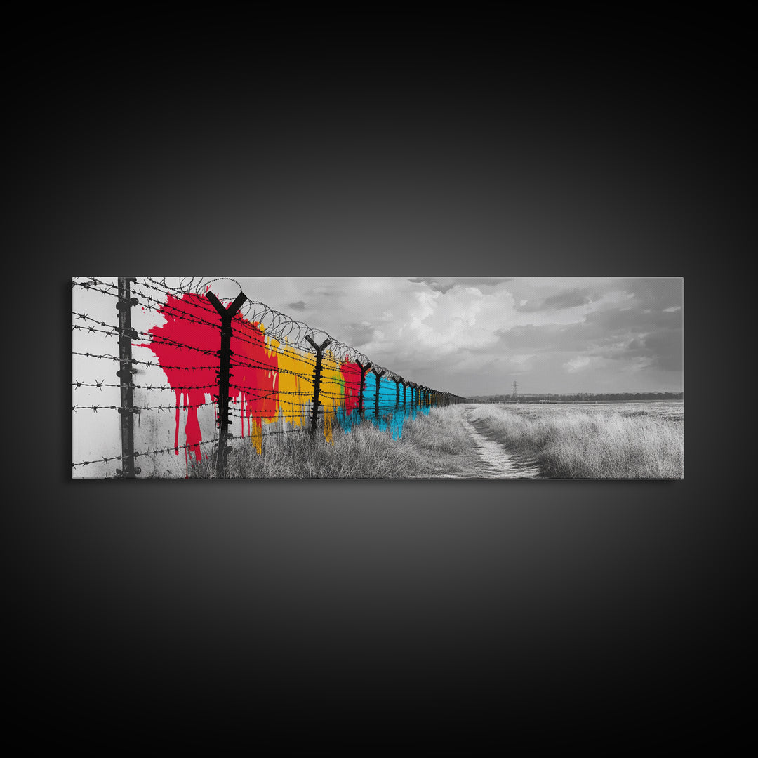Barbed Wire, Graffiti Fence, Urban Street Art, Political Statement, Framed Canvas Print, Modern Wall Art, Office Decor, Activist Art