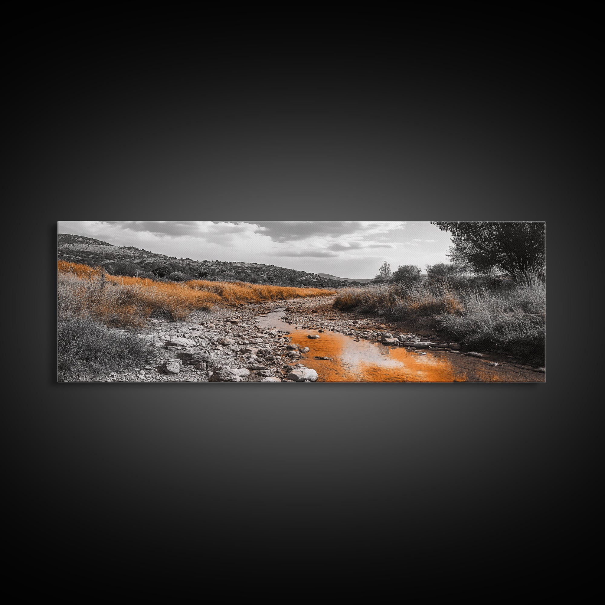 Autumn Stream, Golden Creek, Rustic Nature, Fall Landscape, Framed Canvas Print, Farmhouse Decor, Living Room Wall Art, Earth Tones