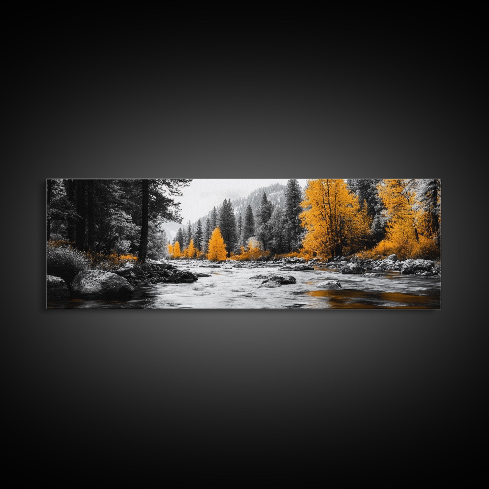 River Flow, Autumn Forest, Mountain Pines, Golden Trees, Canvas Print, Fall Decor, Nature Lover Gift, Rustic Wall Art, Boho Wall Art