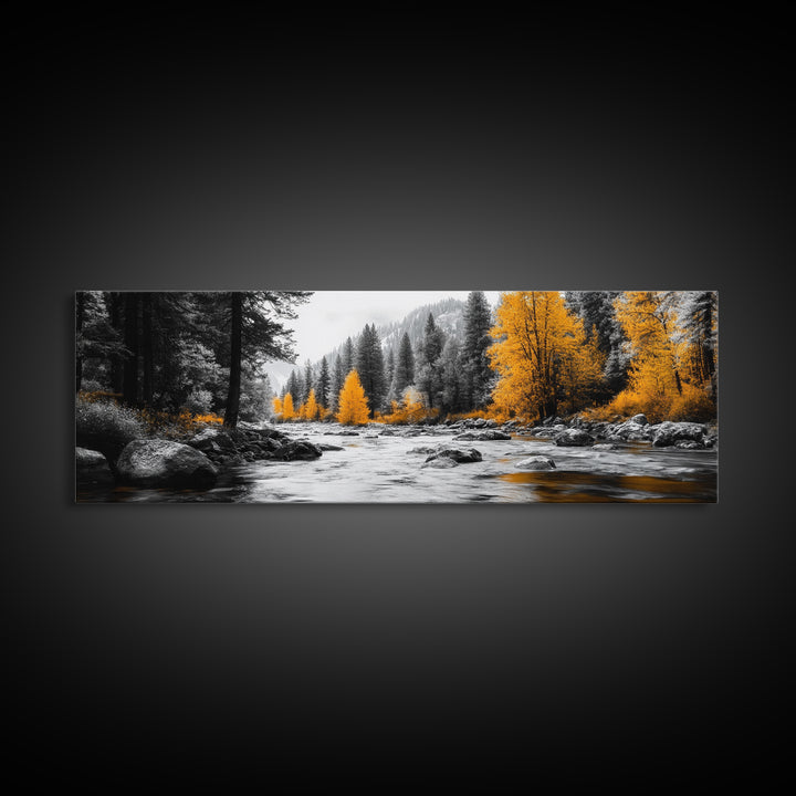 River Flow, Autumn Forest, Mountain Pines, Golden Trees, Canvas Print, Fall Decor, Nature Lover Gift, Rustic Wall Art, Boho Wall Art