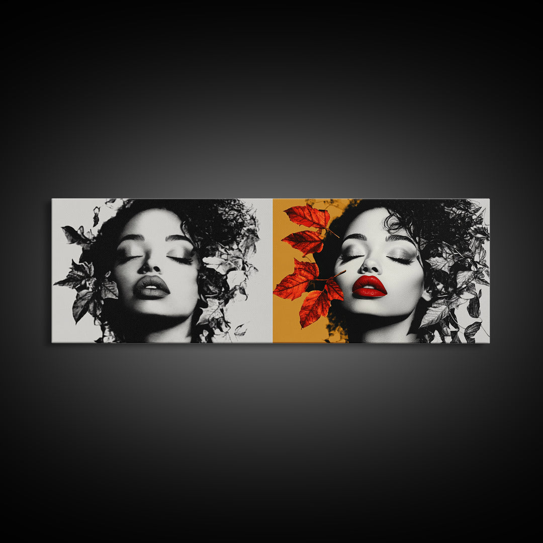 Autumn Leaves, Bold Lips Portrait, Fashion Face Art, Framed Canvas Print, Fall Wall Decor, Modern Bedroom Art, Boho Glam Aesthetic
