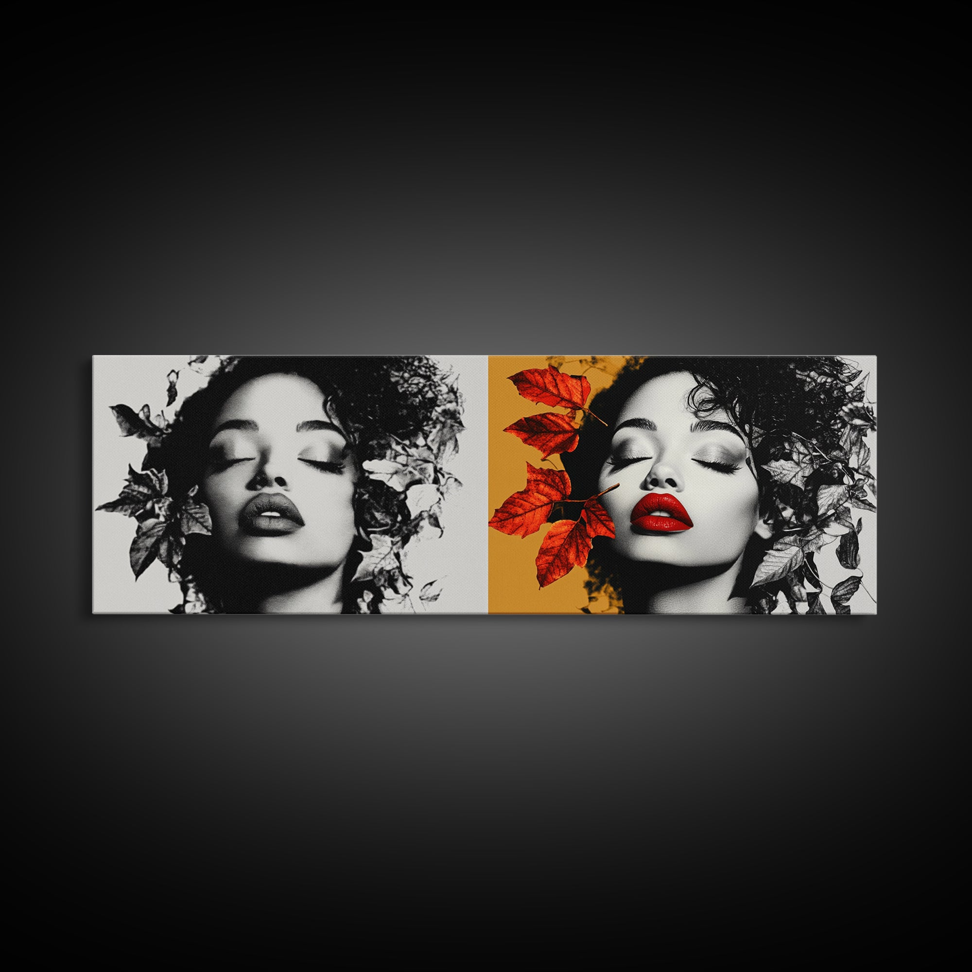 Autumn Leaves, Bold Lips Portrait, Fashion Face Art, Framed Canvas Print, Fall Wall Decor, Modern Bedroom Art, Boho Glam Aesthetic