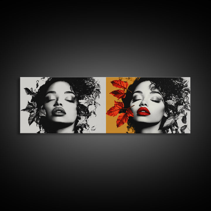 Autumn Leaves, Bold Lips Portrait, Fashion Face Art, Framed Canvas Print, Fall Wall Decor, Modern Bedroom Art, Boho Glam Aesthetic