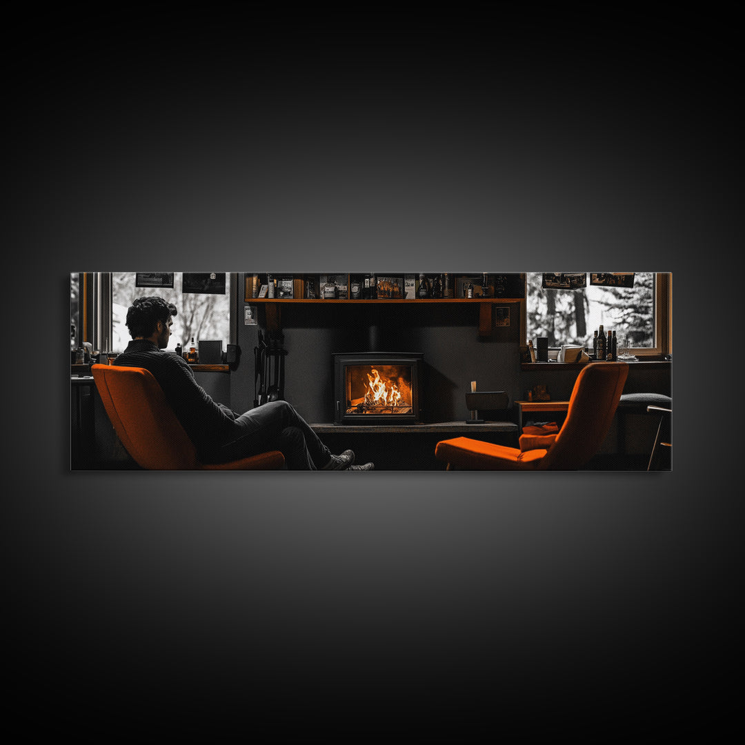Fireplace Moment, Cozy Cabin Mood, Fall Comfort Scene, Framed Canvas Print, Hygge Wall Art, Masculine Decor, Warm Living Room Style