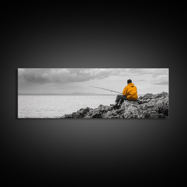 Peaceful Angler View, Yellow Hoodie Fisherman, Canvas Print, Minimalist Seaside Wall Art, Coastal Living Room Art, Fishing Lover Gift