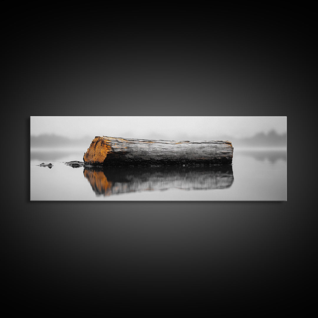 Weathered Log Reflection, Calm Lake Scene, Canvas Print, Minimalist Nature Photography, Zen Bathroom Wall Art, Serene Rustic Decor
