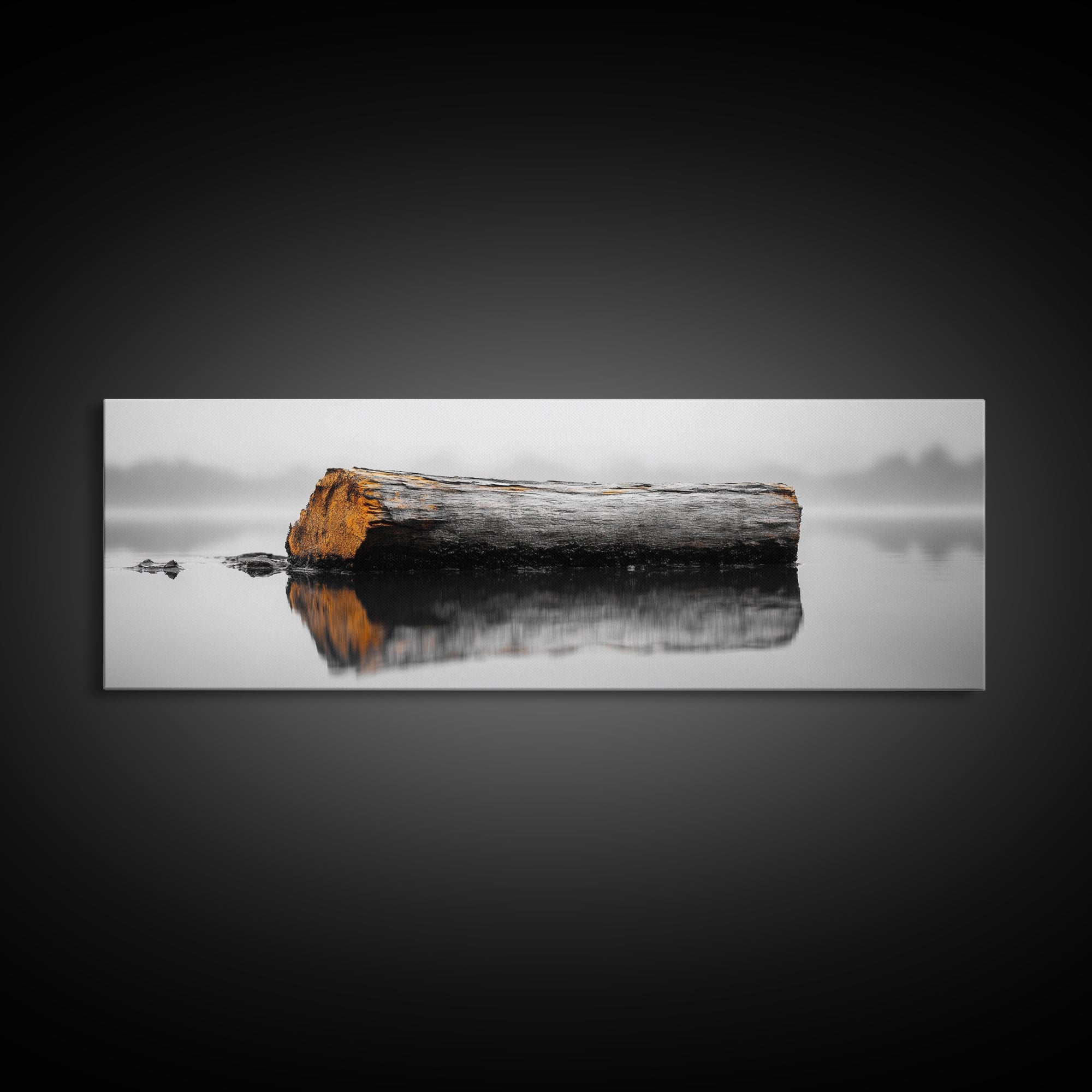 Weathered Log Reflection, Calm Lake Scene, Canvas Print, Minimalist Nature Photography, Zen Bathroom Wall Art, Serene Rustic Decor