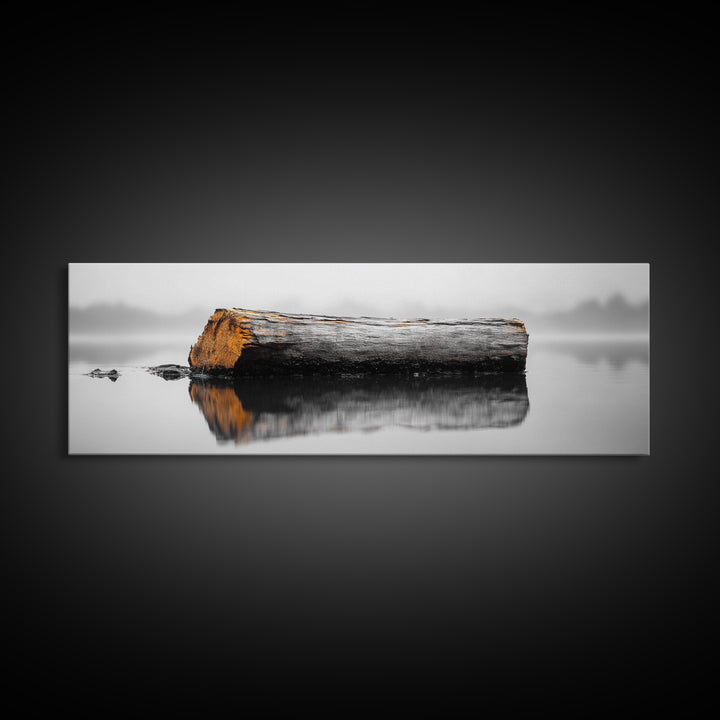 Weathered Log Reflection, Calm Lake Scene, Canvas Print, Minimalist Nature Photography, Zen Bathroom Wall Art, Serene Rustic Decor