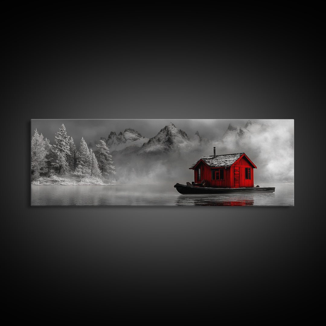 Red Cabin in Fog, Mountain Lake Boat House, Canvas Print, Winter Lodge Wall Art, Moody Nature Decor, Black and White Landscape Art