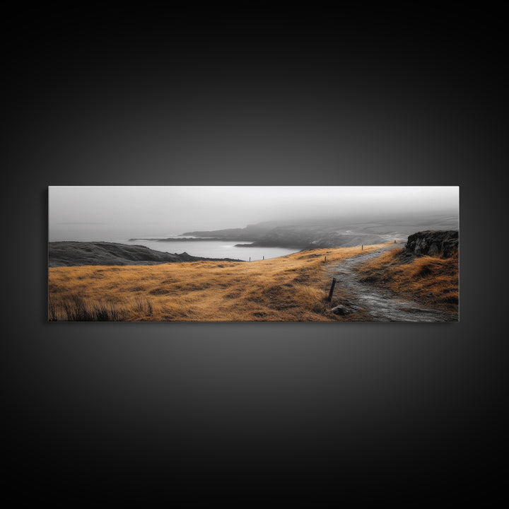 Coastal Cliff Path, Golden Grasses by Sea, Canvas Print, Autumn Hiking Scene, Misty Nature Wall Art, Hallway Landscape Photography