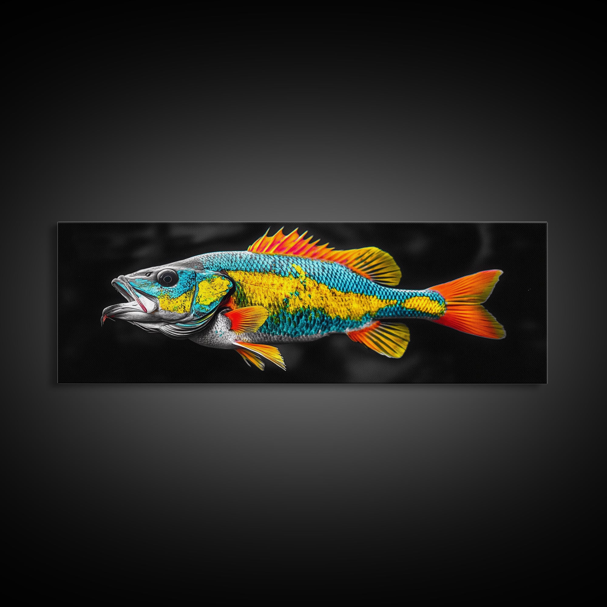 Tropical Fish, Vibrant Colors, Bold Sea Life, Black Background, Framed Canvas Print, Kitchen Wall Art, Modern Coastal Art