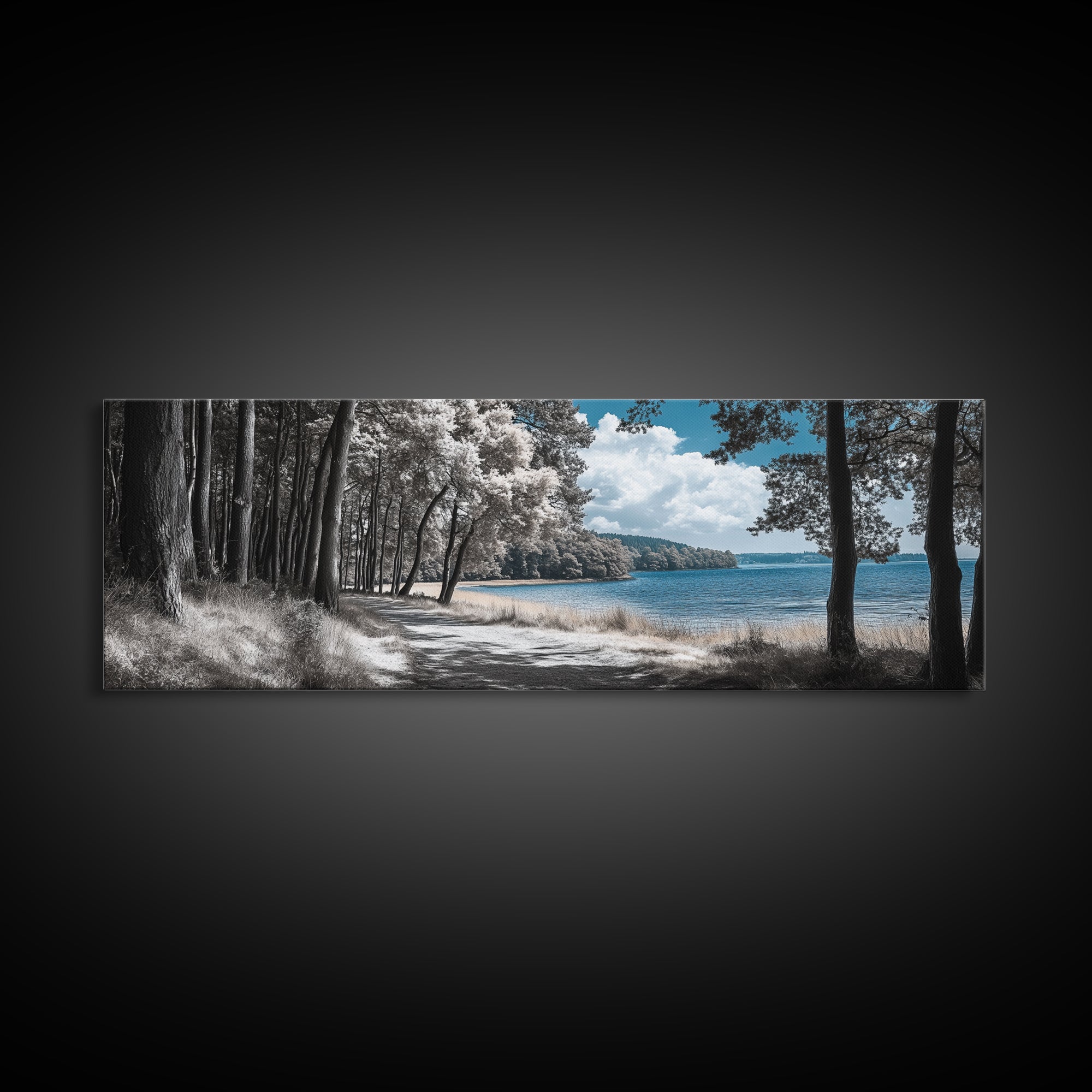 Coastal Forest Path, Lakeside Nature Trail, Tranquil Blue Water, Canvas Print, Minimalist Landscape, Bedroom Wall Art