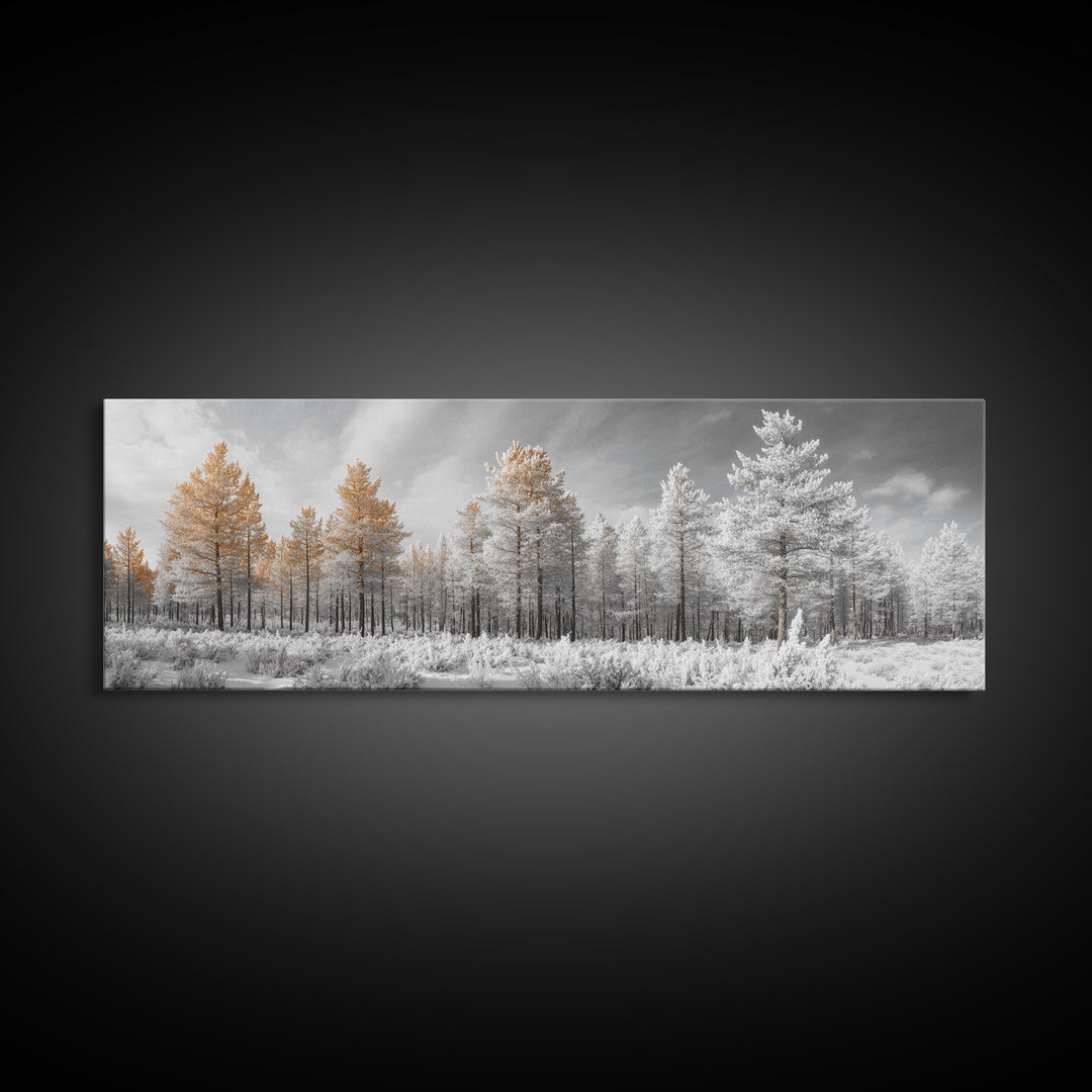 Snowy Forest Landscape, Frosted Pine Trees, Winter Wonderland Scene, Framed Canvas Print, Nordic Minimalist, Holiday Wall Art