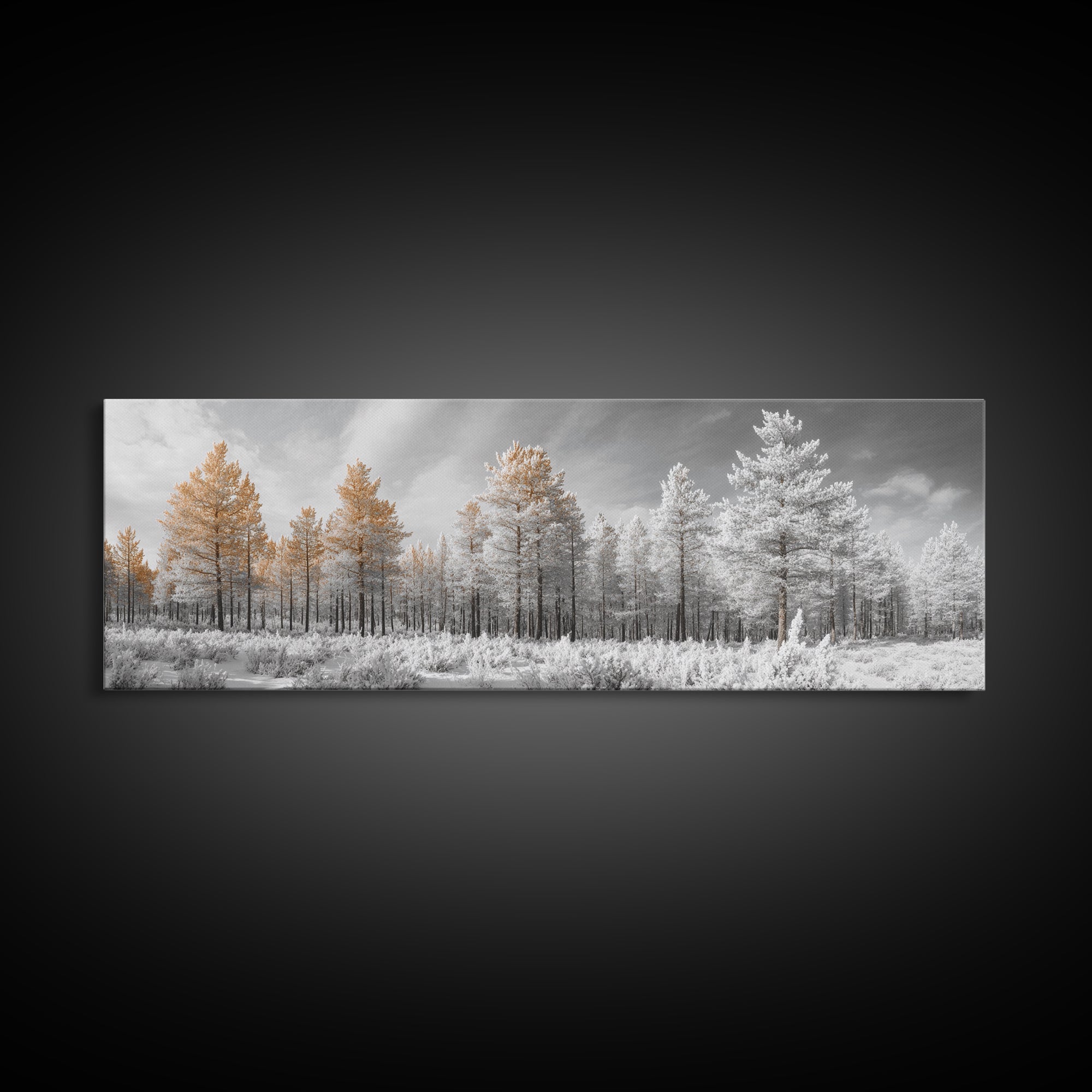 Snowy Forest Landscape, Frosted Pine Trees, Winter Wonderland Scene, Framed Canvas Print, Nordic Minimalist, Holiday Wall Art