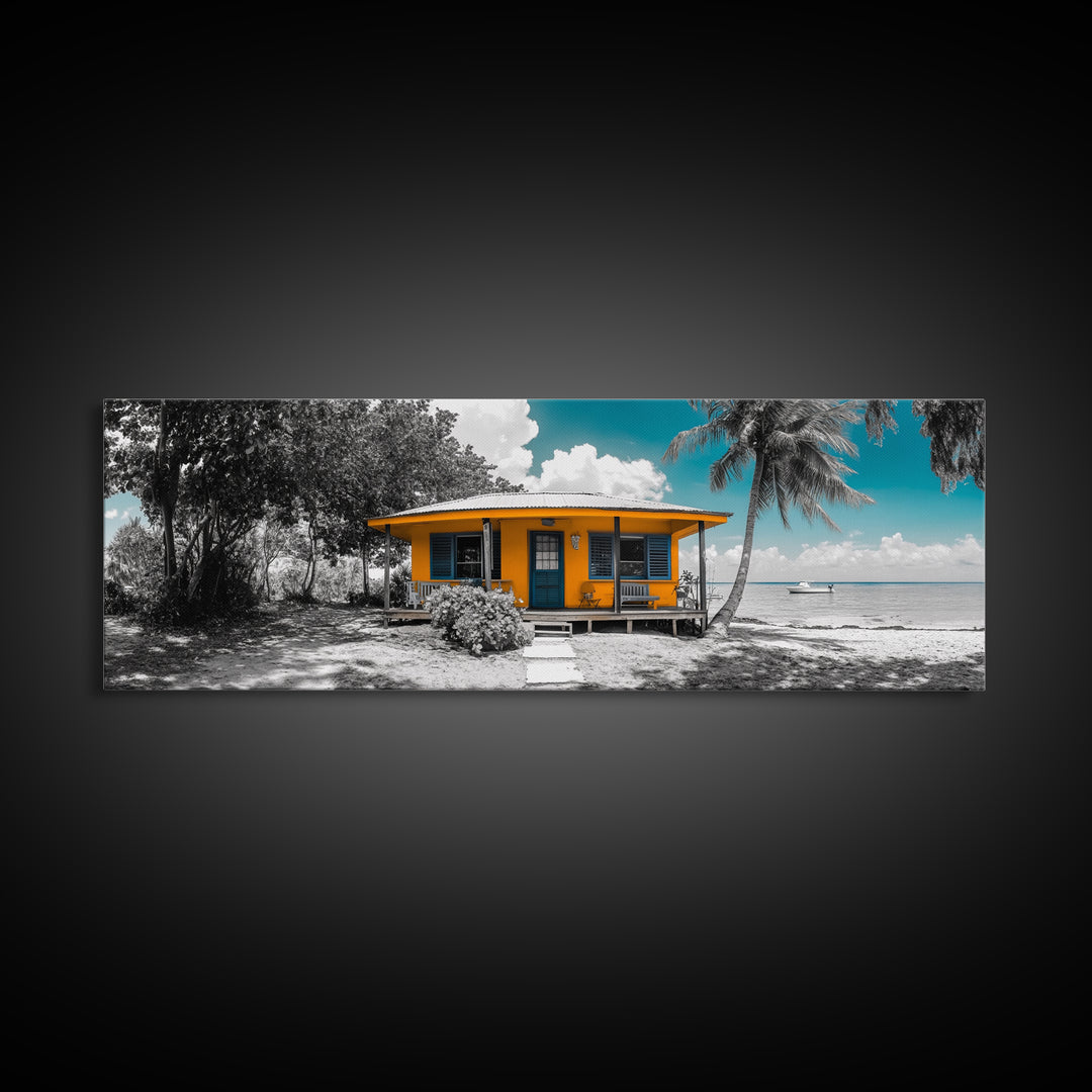 Beach House, Tropical Paradise, Yellow Cabin, Oceanfront View, Framed Canvas Print, Living Room Wall Art, Coastal Home Aesthetic