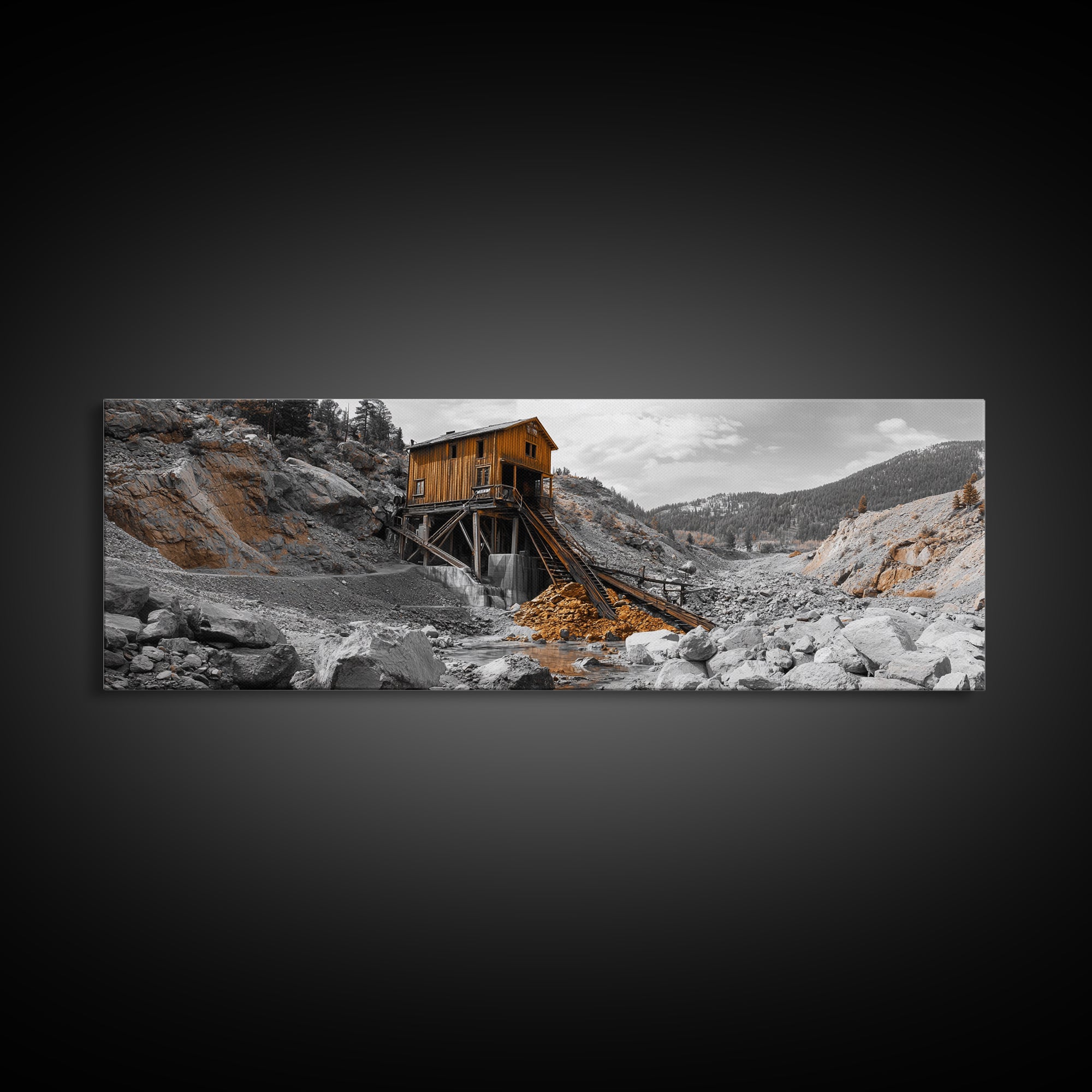 Desert Mine Cabin, Rustic Gold Landscape, Abandoned Building Scene, Framed Canvas Print, Western Art, Office Wall Decor