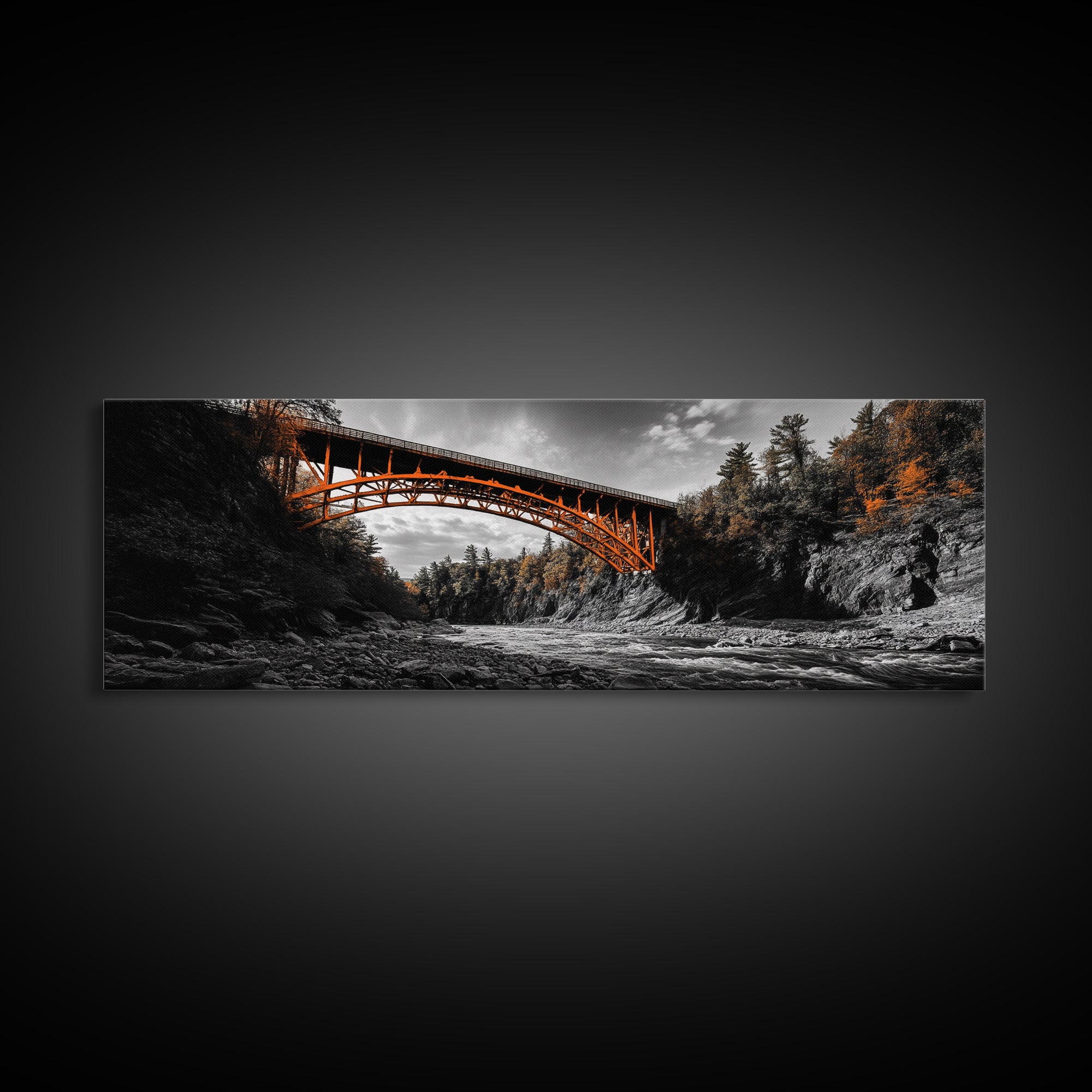 Autumn River Bridge, Orange Iron Arch, Canyon Flow Scene, Framed Canvas Print, Rustic Fall Decor, Entryway Wall Art, Living Room Decor