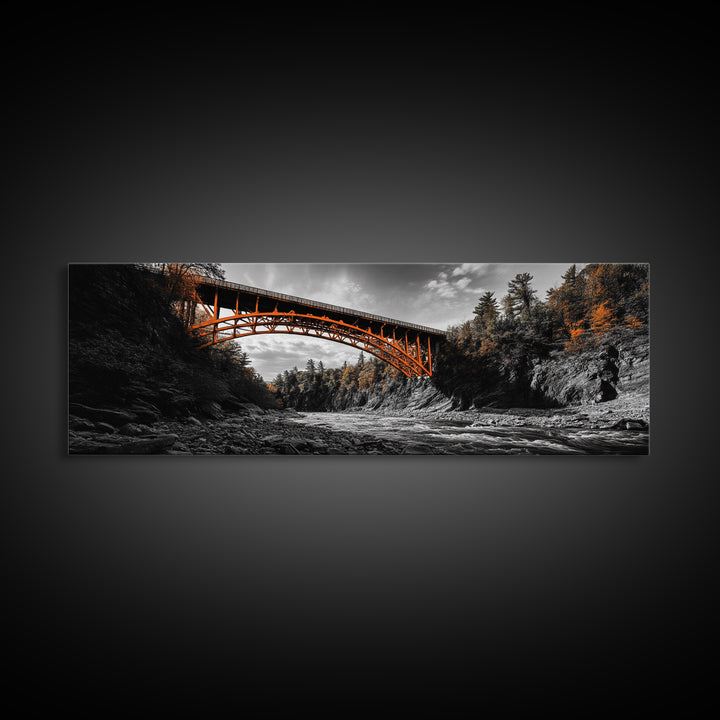 Autumn River Bridge, Orange Iron Arch, Canyon Flow Scene, Framed Canvas Print, Rustic Fall Decor, Entryway Wall Art, Living Room Decor