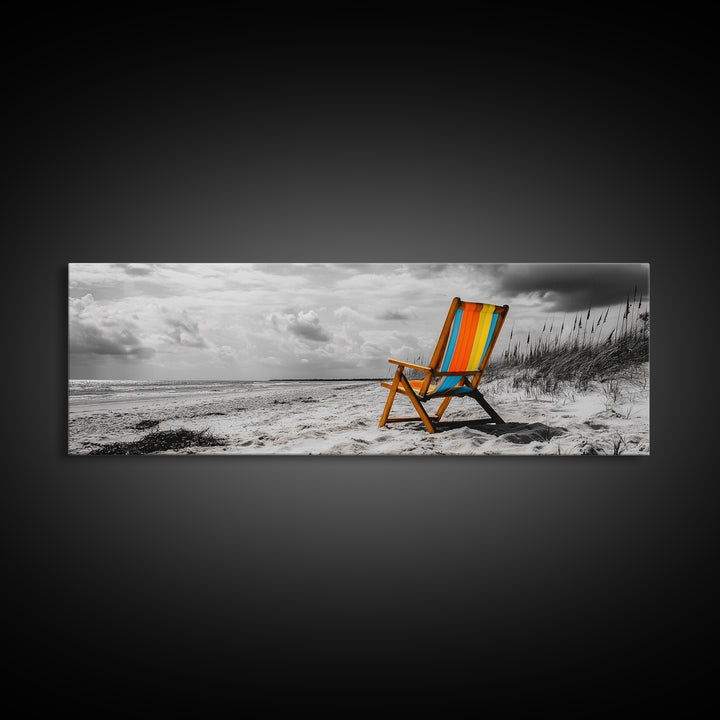 Beach Chair, Coastal Solitude, Striped Fabric, Seaside Calm, Framed Canvas Print, Minimalist Wall Art, Beach House Decor
