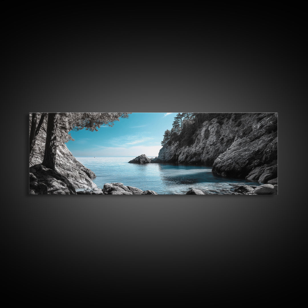 Coastal Cove, Ocean Escape, Blue Seascape, Nature View, Framed Canvas Print, Coastal Wall Decor, Bathroom Art, Nautical Beach Art