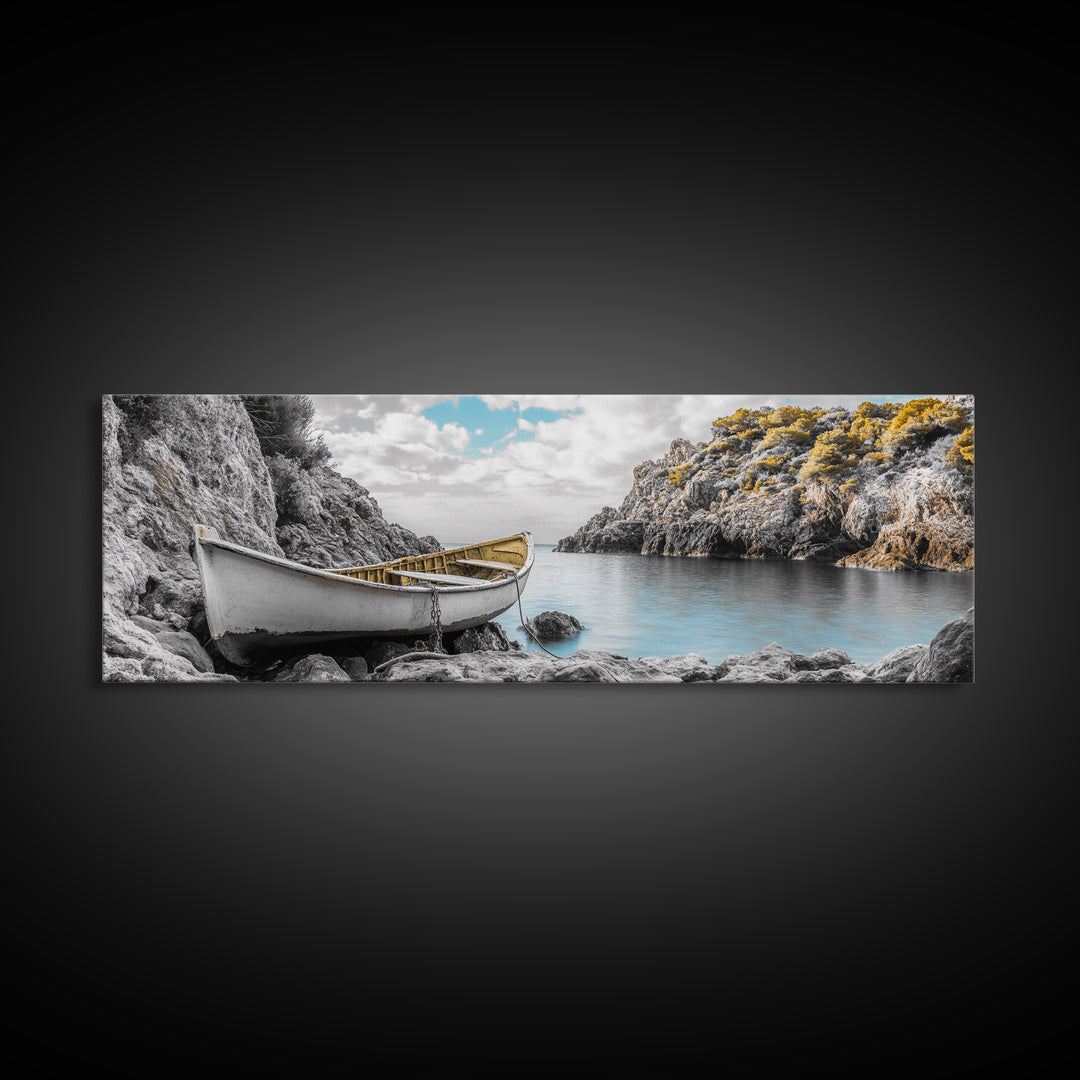 Abandoned Rowboat, Rustic Shore, Autumn Cove, Island Serenity, Framed Canvas Print, Lakehouse Decor, Coastal Wall Art, Nature Print