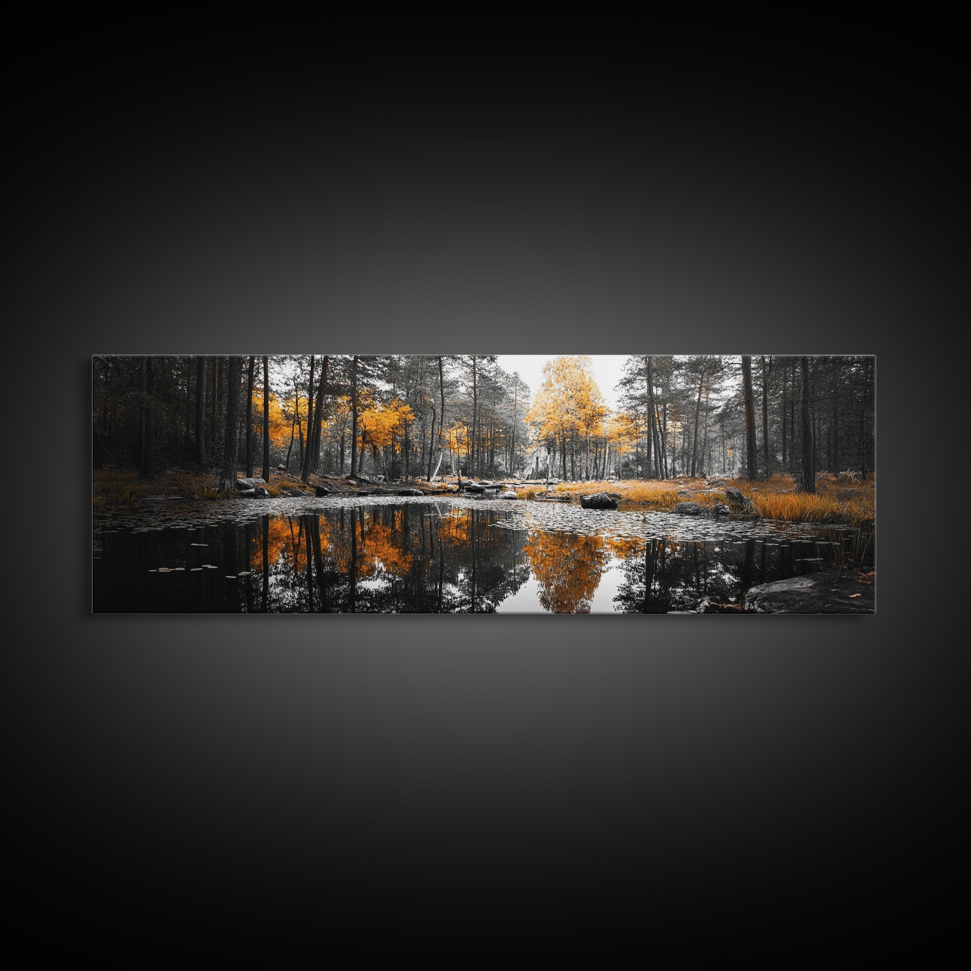 Autumn Forest, Golden Trees, Tranquil Reflection, Nature Pond, Framed Canvas Print, Fall Wall Art, Living Room Decor, Cozy Vibes