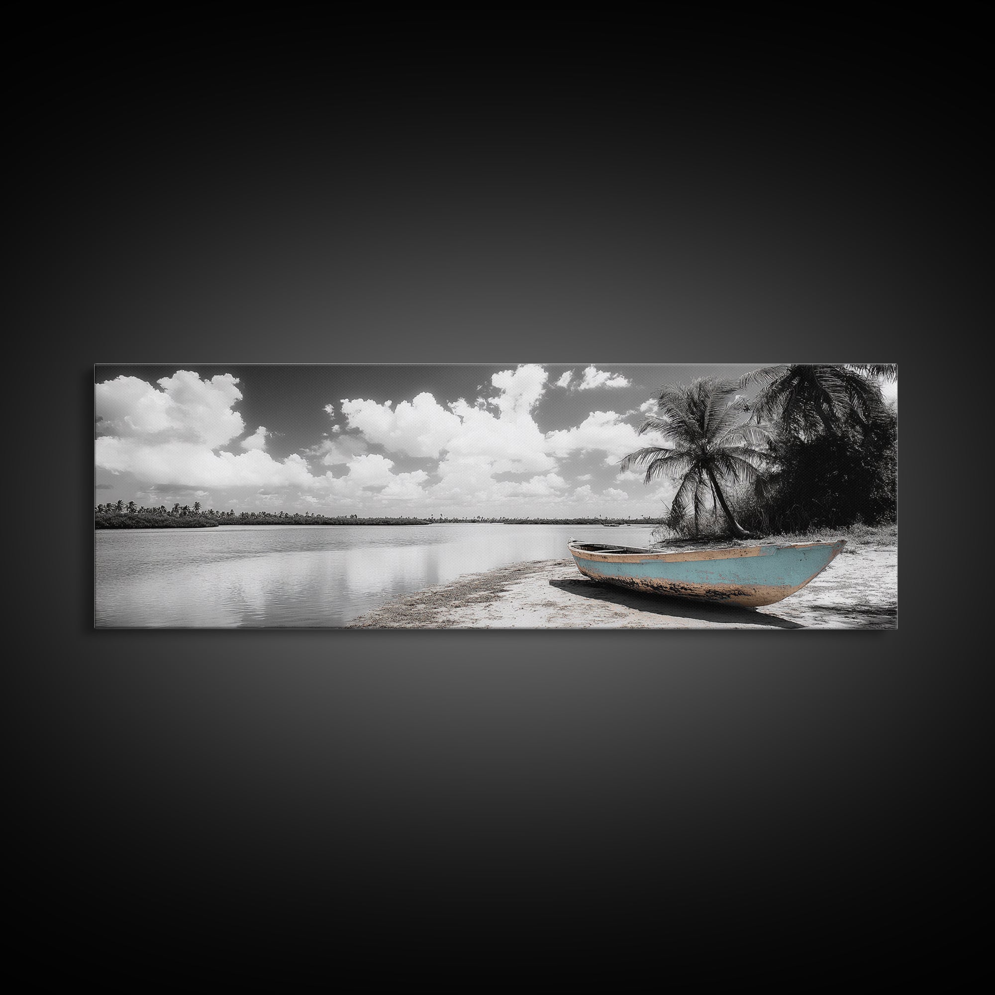 Tropical Boat, Deserted Beach, Palms and Clouds, Ocean Peace, Framed Canvas Print, Boho Wall Art, Bedroom Decor, Seaside Minimalism
