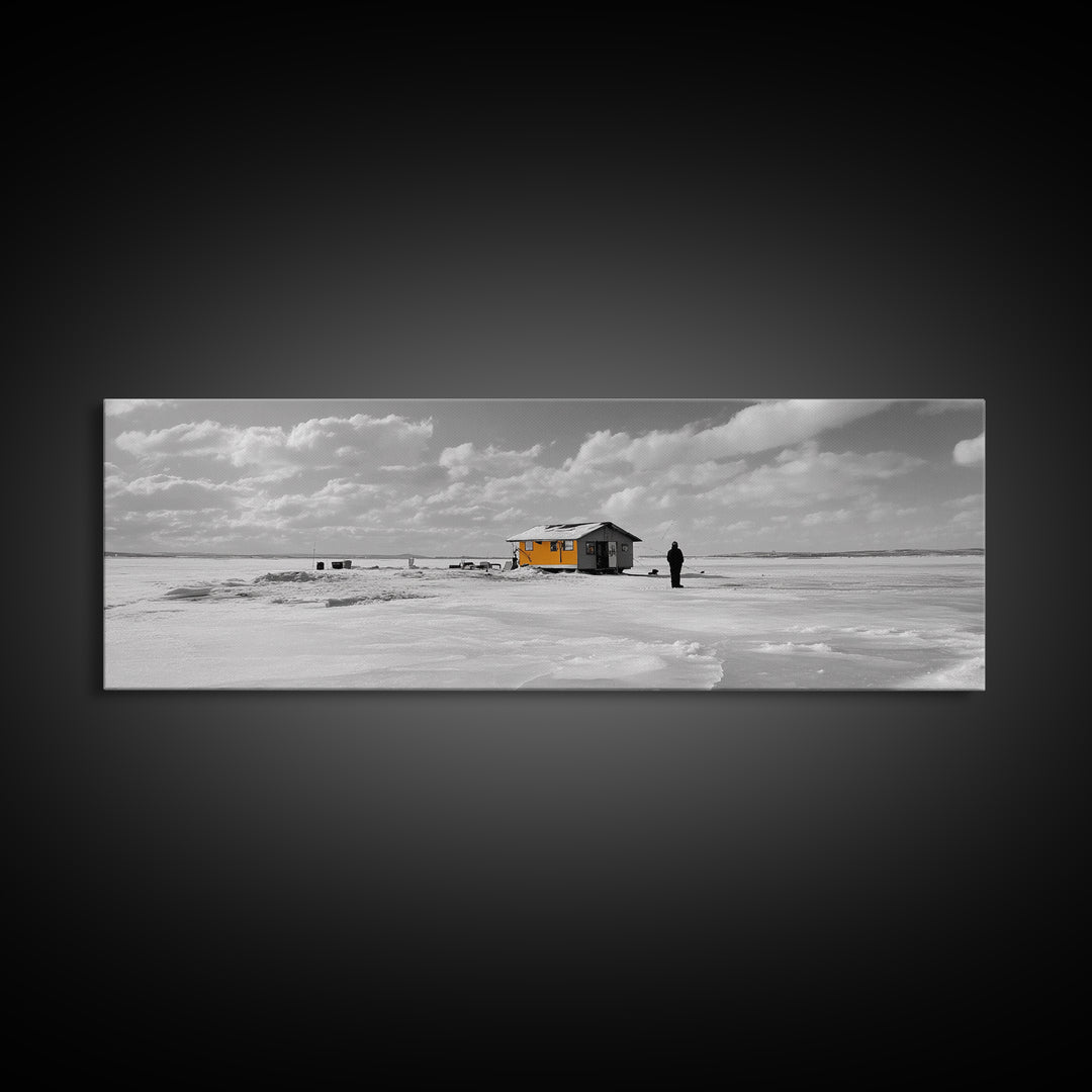 Winter Fishing, Ice House, Snowy Sky, Arctic Chill, Framed Canvas Print, Cabin Wall Art, Minimalist Winter Decor, Monochrome Scene