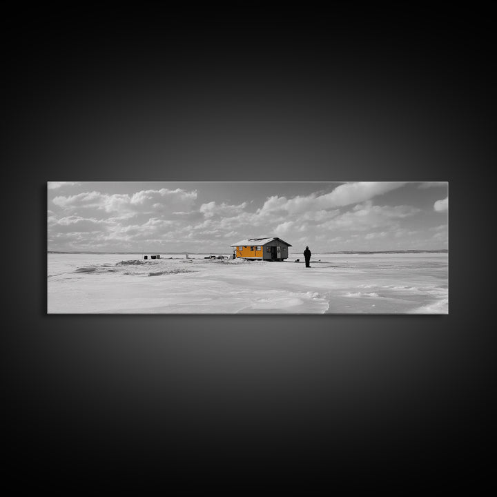Winter Fishing, Ice House, Snowy Sky, Arctic Chill, Framed Canvas Print, Cabin Wall Art, Minimalist Winter Decor, Monochrome Scene