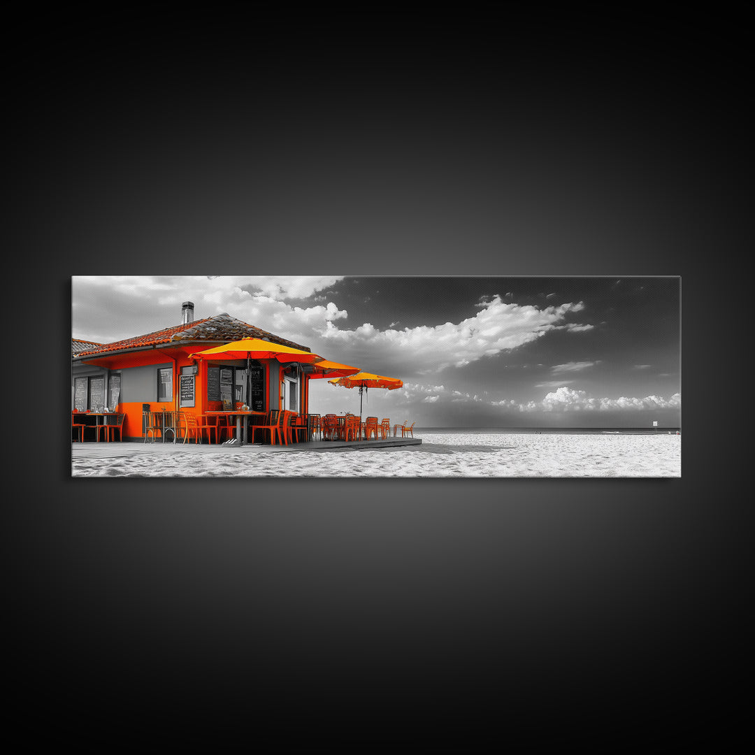 Beach Cafe, Orange Umbrellas, Seaside Dining, Sunny Vibes, Framed Canvas Print, Kitchen Wall Art, Summer Coastal Style