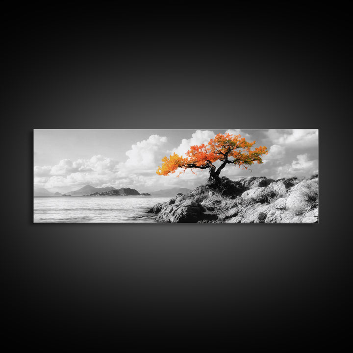 Autumn Tree, Coastal Cliff, Ocean Horizon, Framed Canvas Print, Autumn decor, rustic wall art, minimalist nature, neutral tones