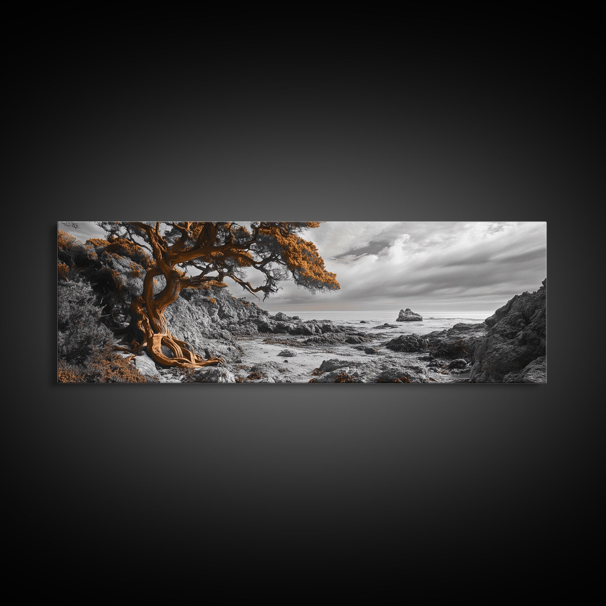 Twisted Tree, Rugged Coast, Autumn Forest, Framed Canvas Print, fall wall art, rustic nature print, living room decor, woodland landscape
