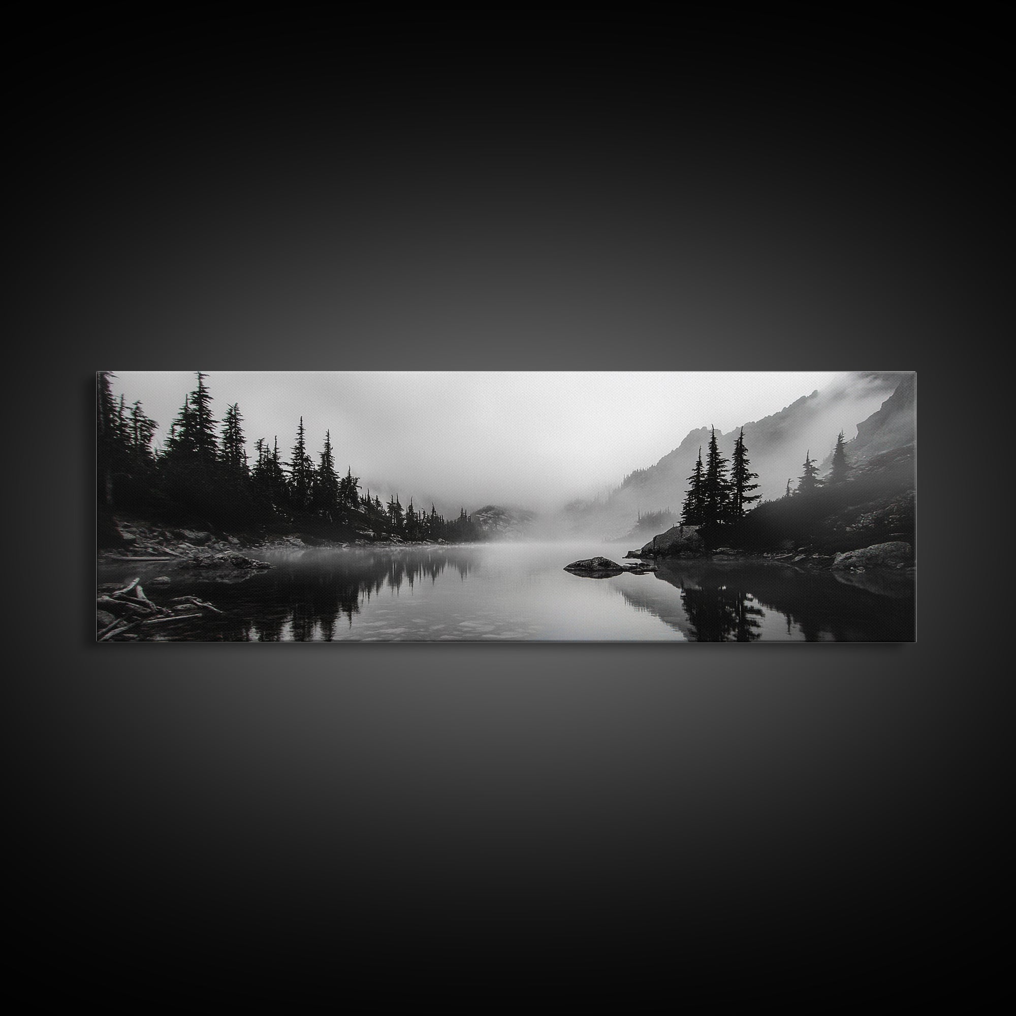 Foggy Pines, Mountain Reflection, Monochrome Wilderness, Canvas Print, black and white wall art, cabin decor, minimalist forest scene