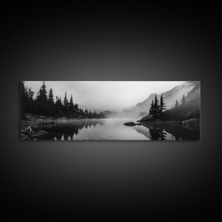 Foggy Pines, Mountain Reflection, Monochrome Wilderness, Canvas Print, black and white wall art, cabin decor, minimalist forest scene