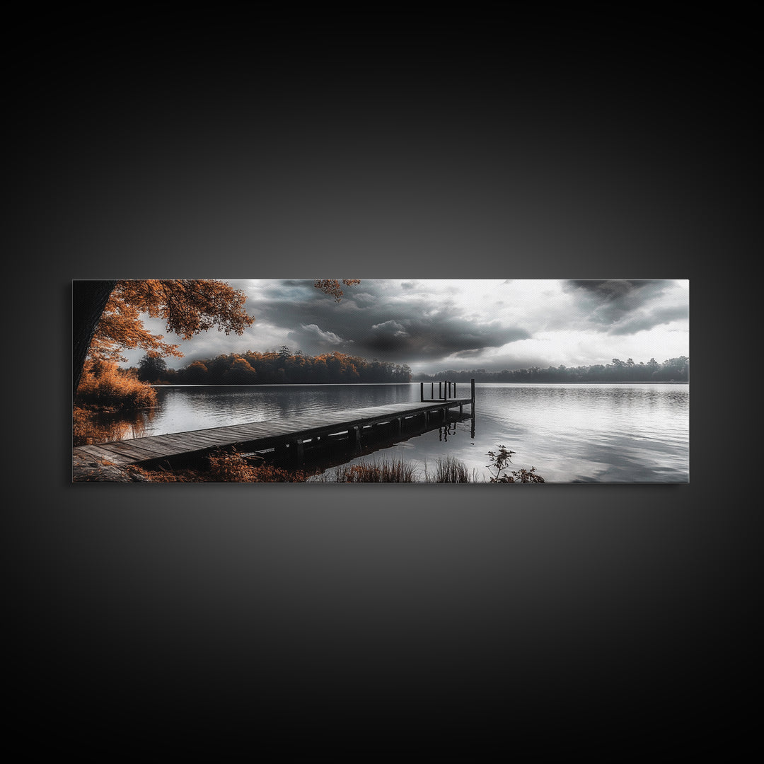 Autumn Lake, Stormy Sky, Wooden Dock, Canvas Print, fall landscape wall art, cozy home decor, cabin style print, orange forest reflections
