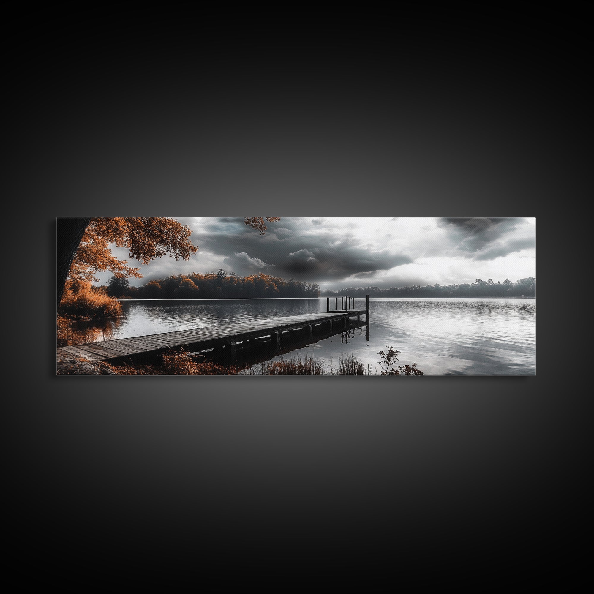 Autumn Lake, Stormy Sky, Wooden Dock, Canvas Print, fall landscape wall art, cozy home decor, cabin style print, orange forest reflections